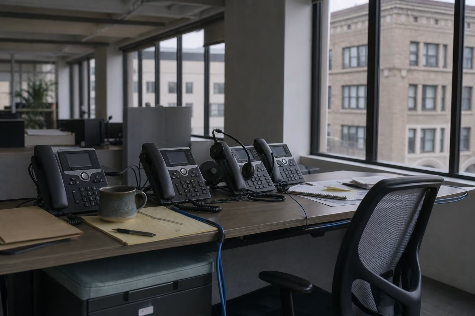 Desk phones and a headset on an empty open-plan office bench