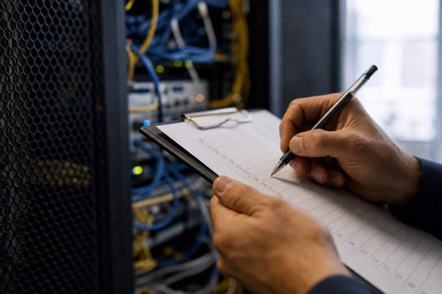 Hands ticking a printed checklist in front of a server cabinet
