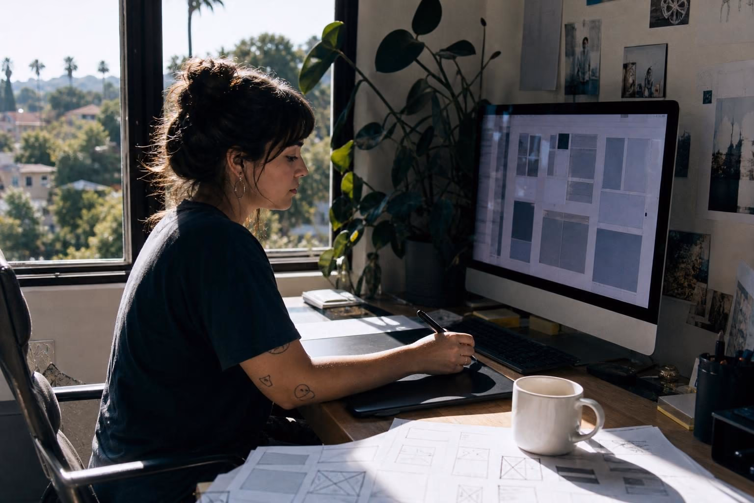 Designer reviewing page layouts beside printed wireframe sheets