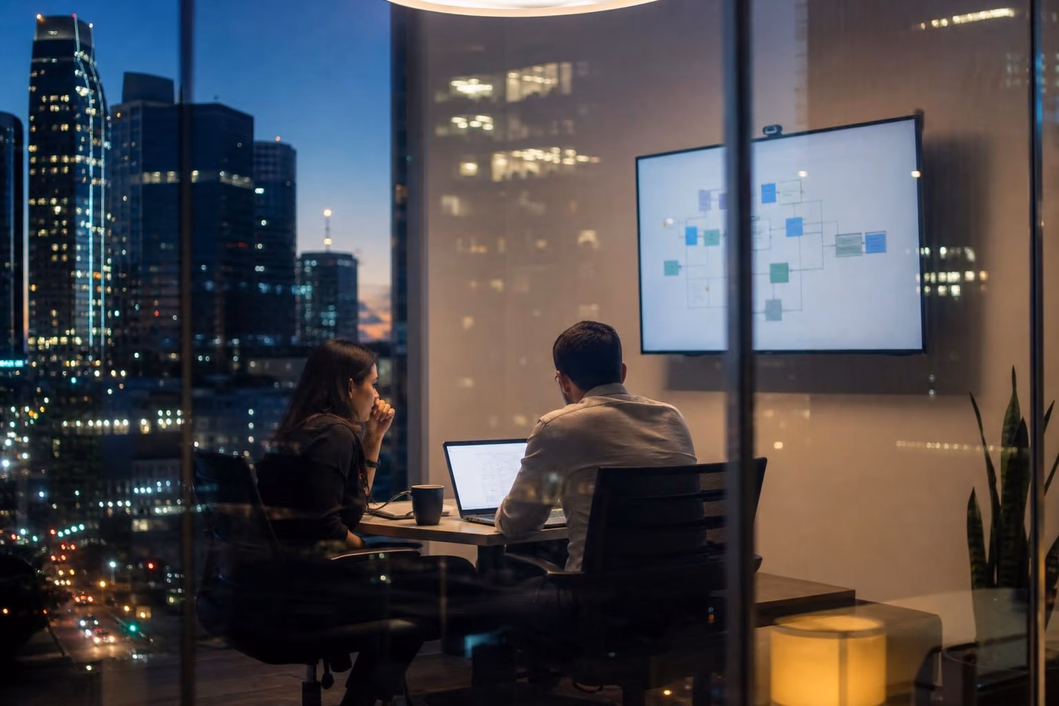 Two colleagues reviewing a system diagram in a glass-walled meeting room