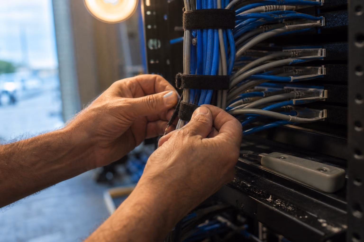 Technician dressing patch cables into a rack-mounted patch panel