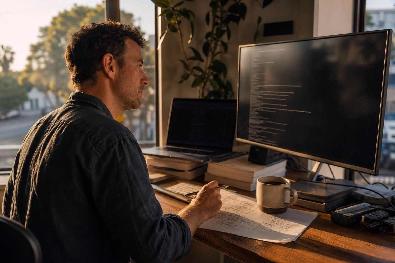 Consultant reviewing a terminal window beside a printed network topology sketch