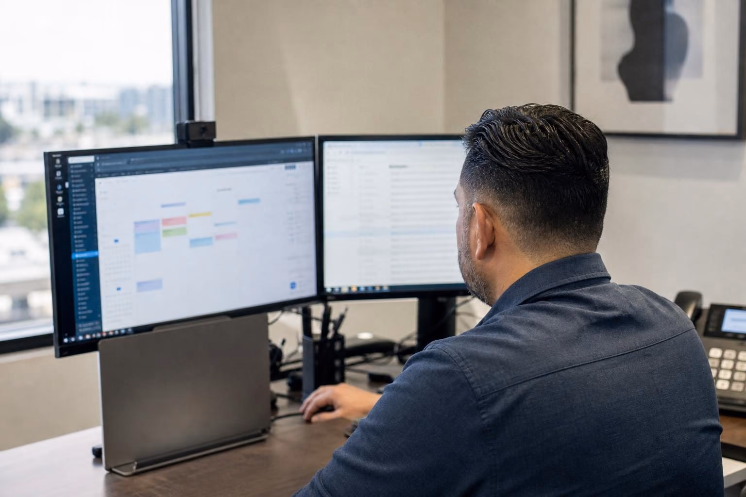 Office worker at a two-monitor workstation with a docked laptop