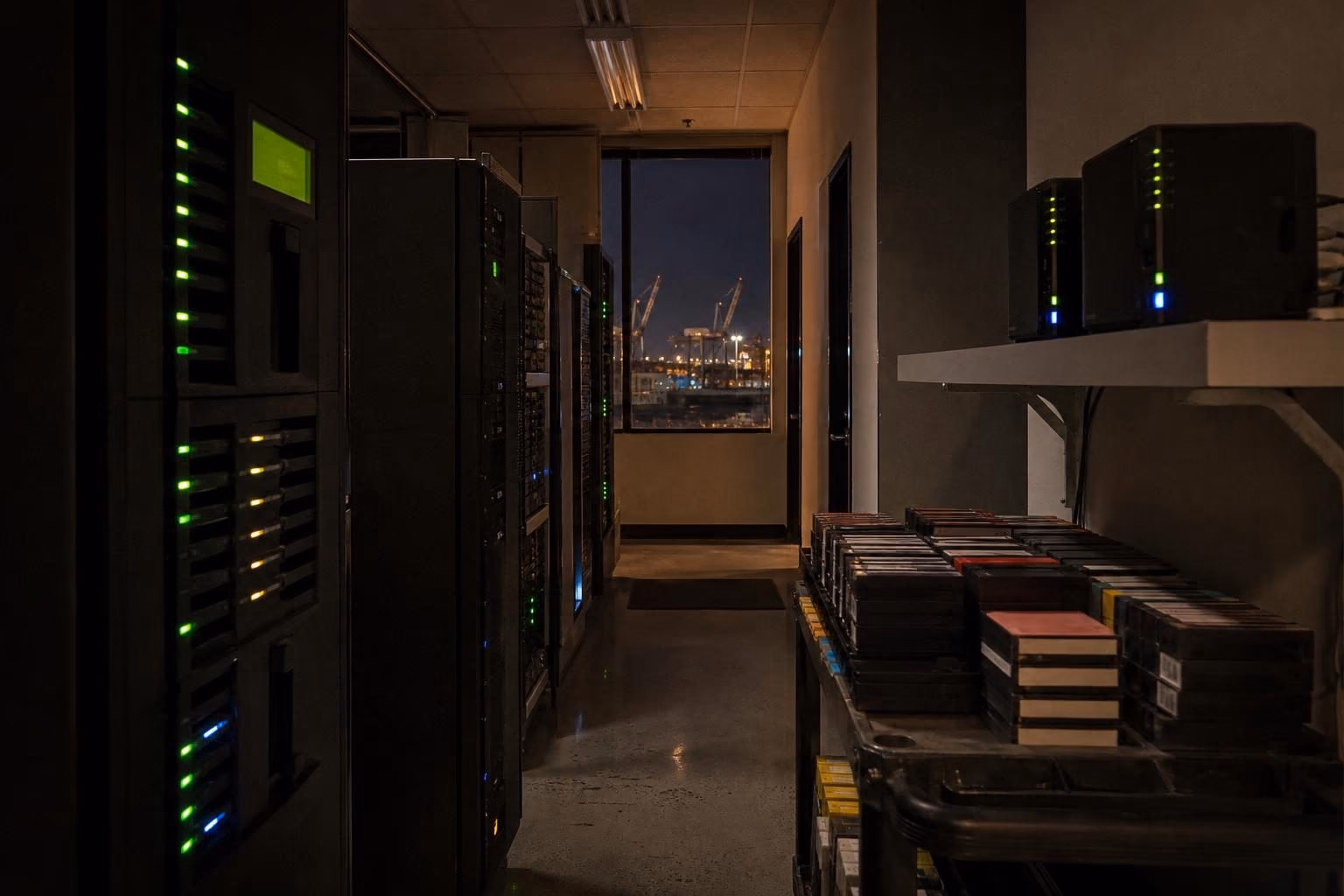 Tape library and network storage units in a narrow equipment room
