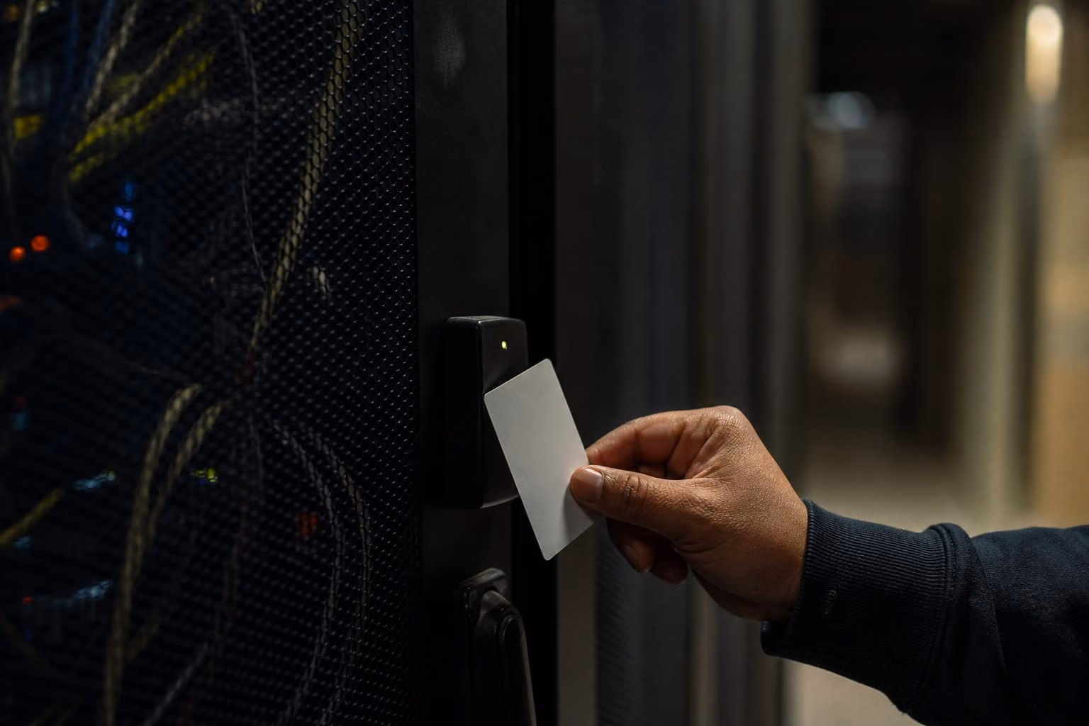 Hand holding an access card to a badge reader beside a locked server cabinet