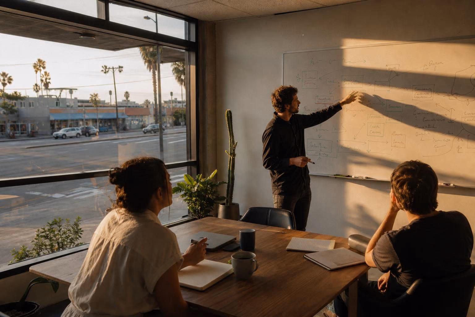 Consultant at a whiteboard sketching a plan for two seated colleagues