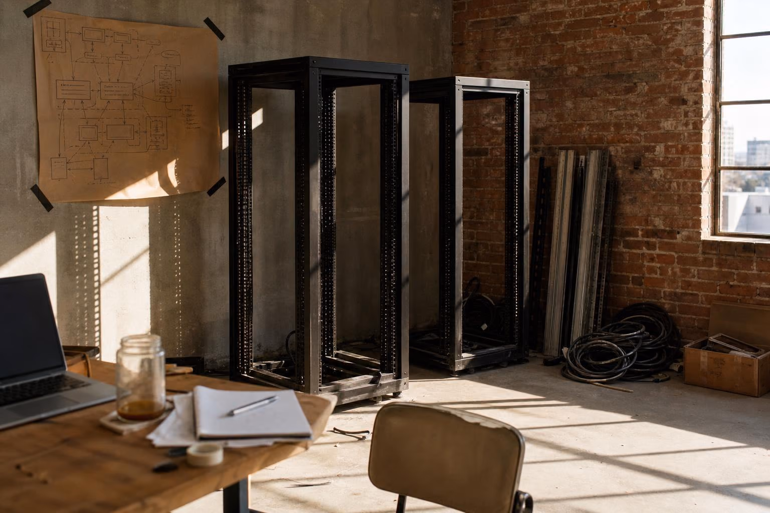 Emptied server racks and coiled cables beside a hand-drawn architecture diagram