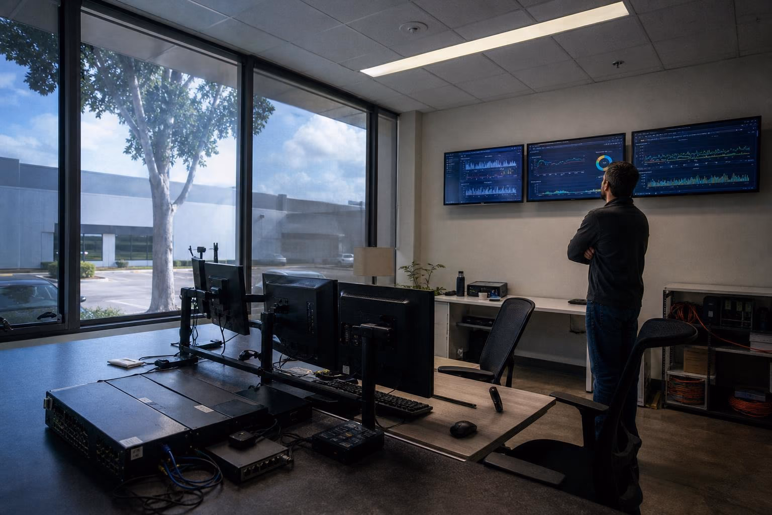 Technician watching monitoring dashboards in a small network operations room