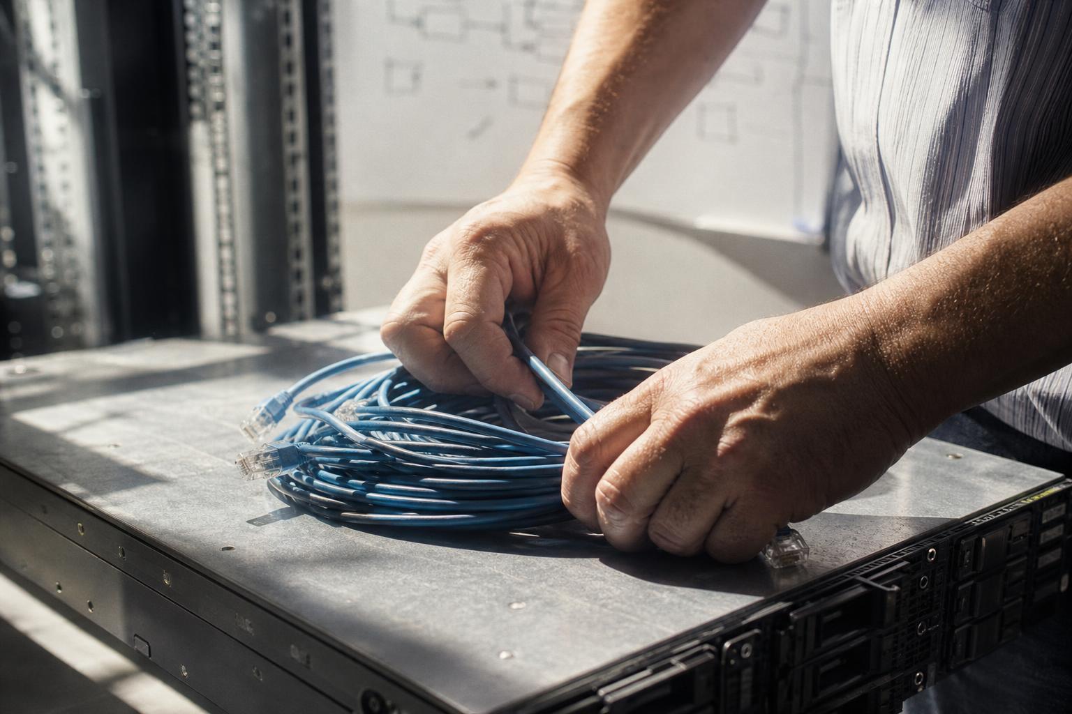 Hands coiling unplugged cables on top of a removed server