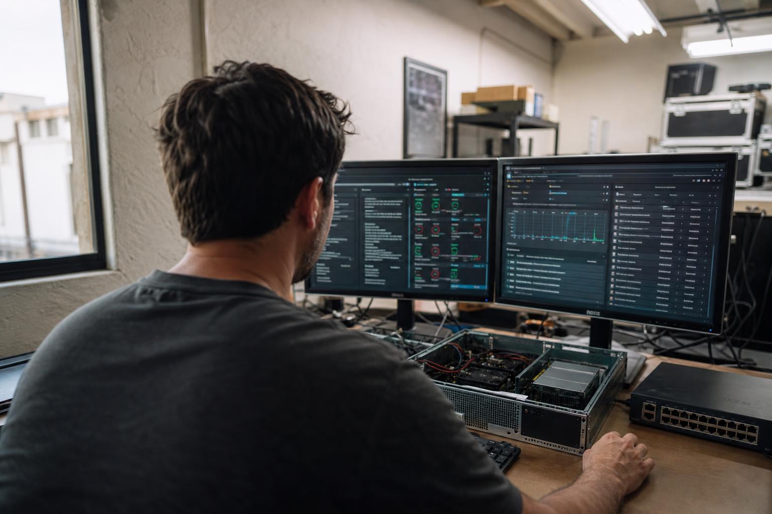 IT technician at a desk of monitors showing a device dashboard, in Burbank