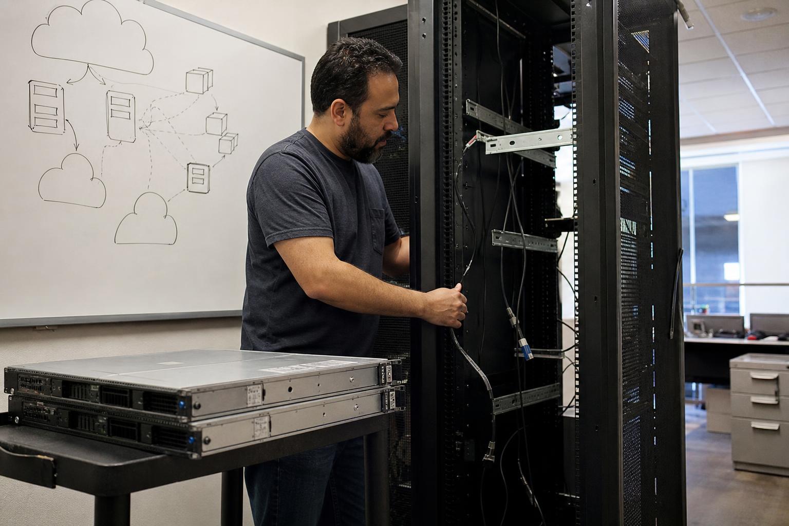 Engineer removing servers from a rack beside a migration diagram