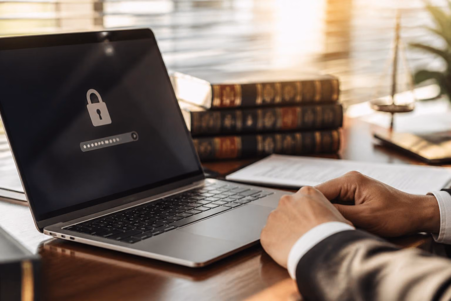 An attorney's hands beside a laptop showing a padlock login screen, with stacked legal volumes and daylight through office blinds