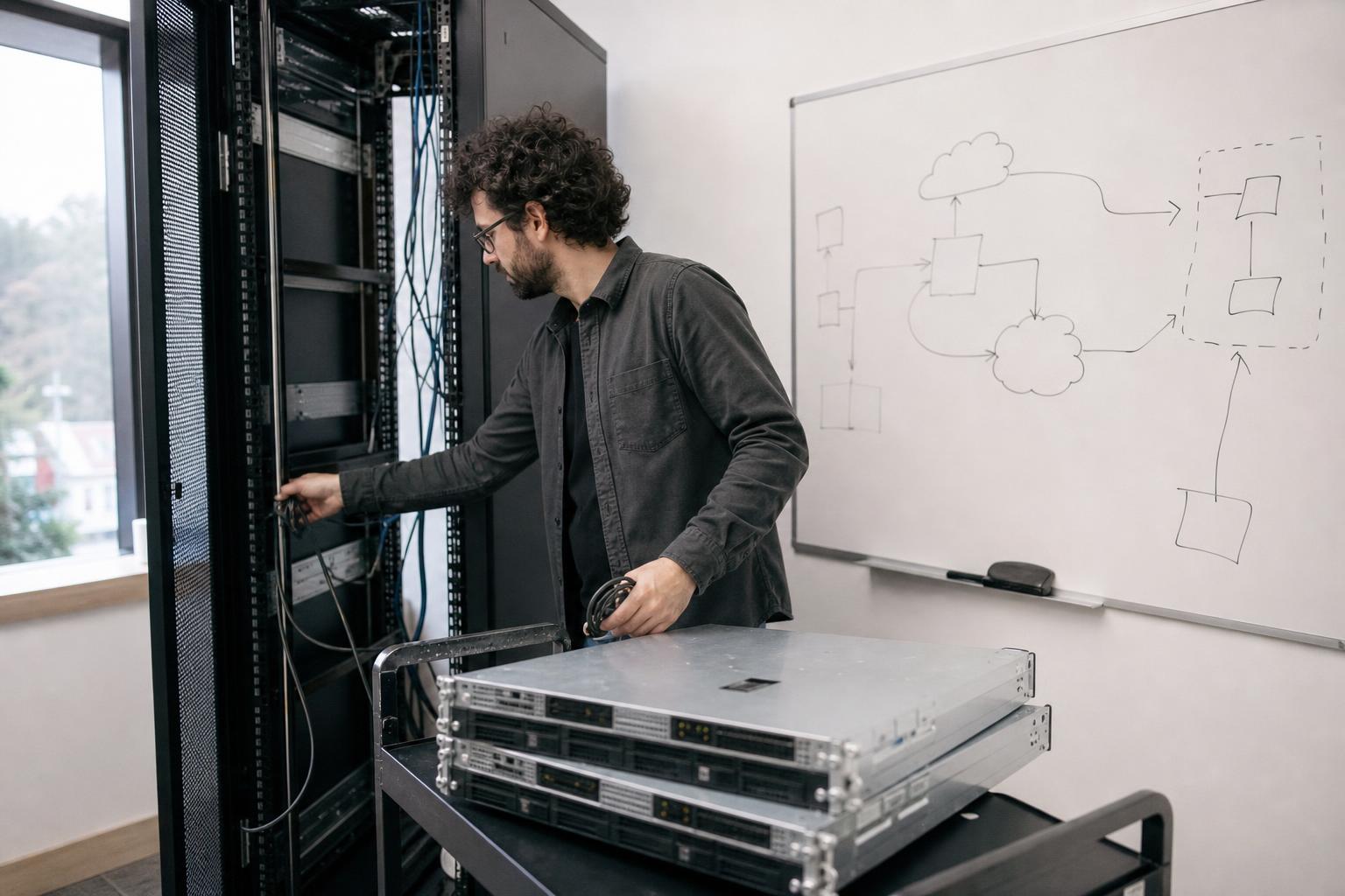 Engineer removing servers from a rack beside a migration diagram