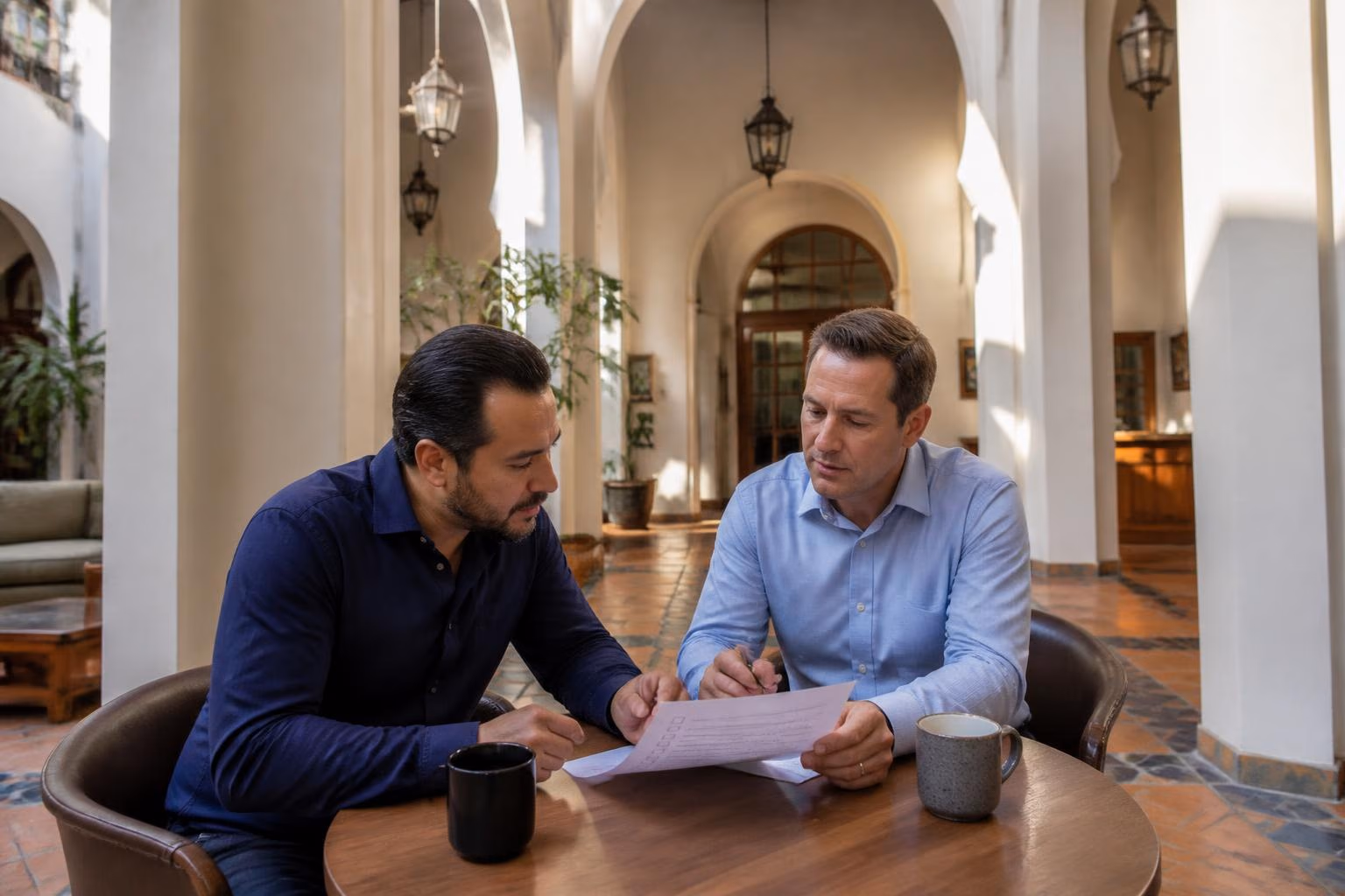 A business owner and an IT consultant reviewing a printed checklist over coffee at a table in a sunlit Pasadena lobby with Spanish-revival arches