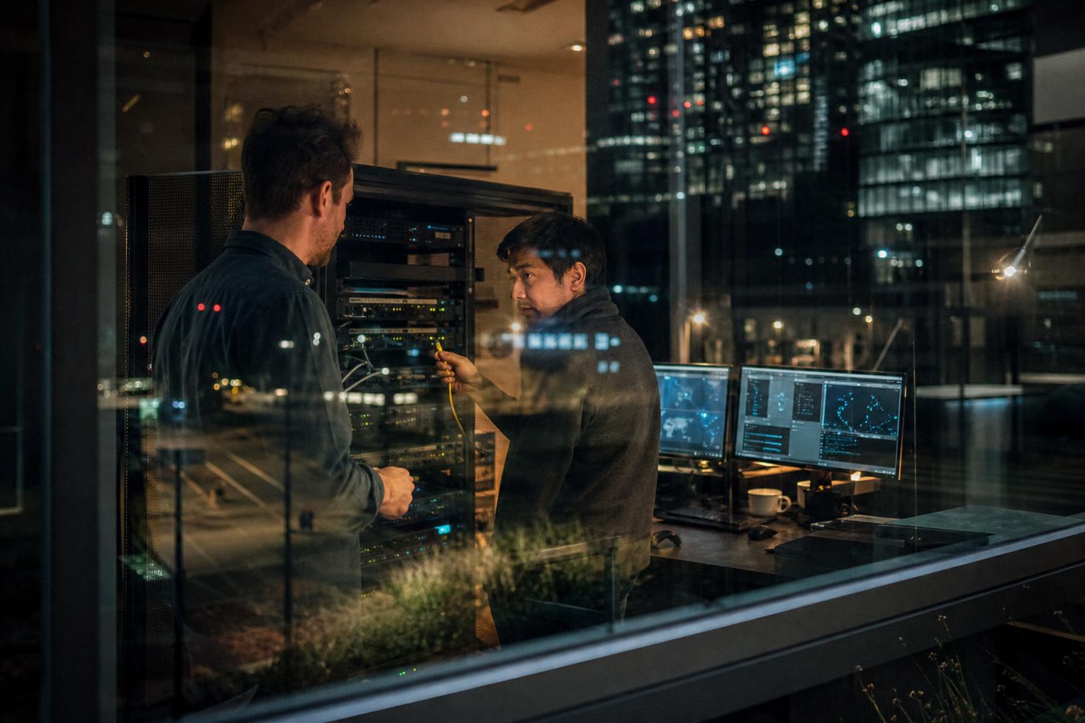 Two IT technicians talking over an open equipment rack, in Century City