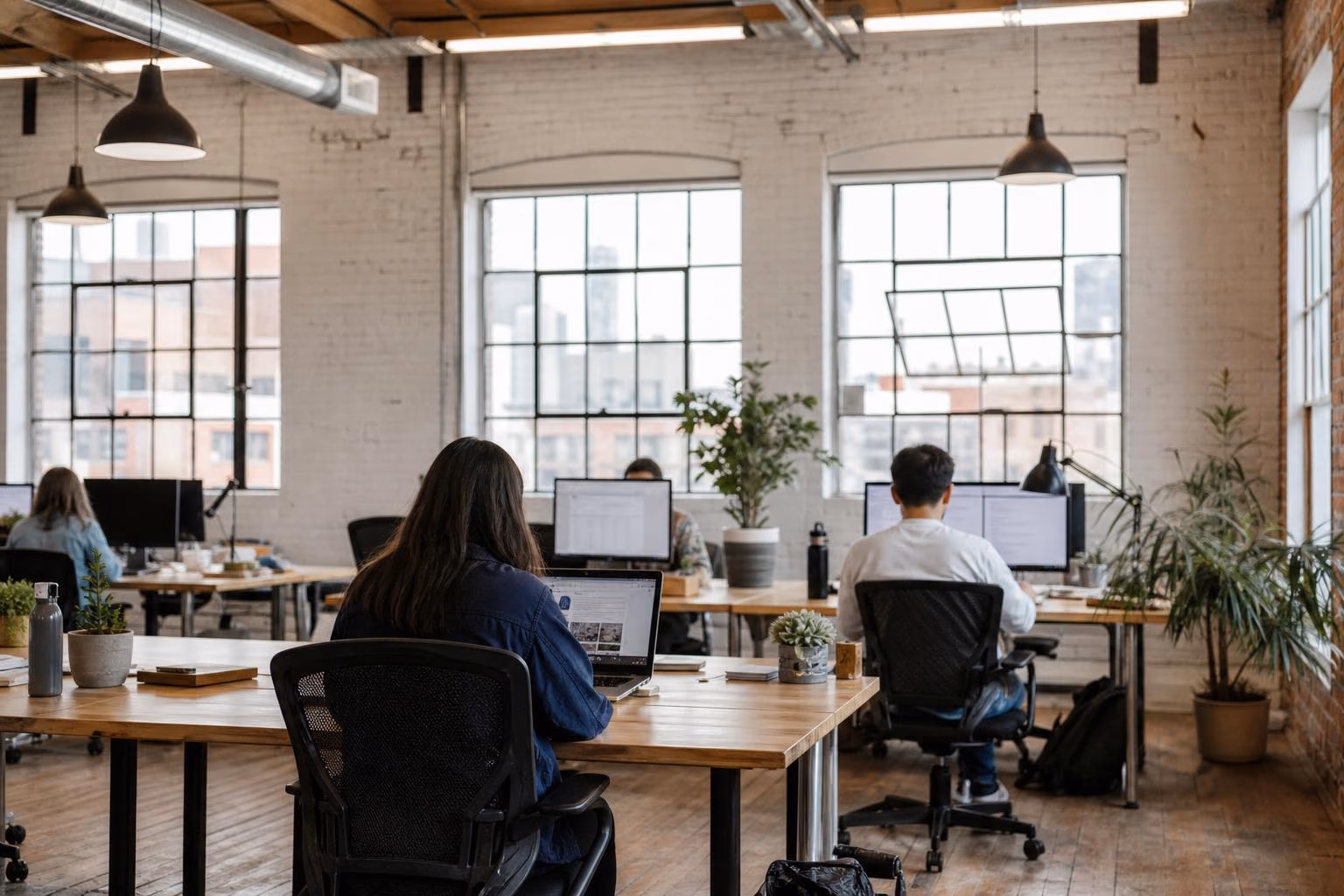 A bright open-plan office floor in a whitewashed Arts District brick loft, with daylight streaming through industrial windows onto quiet rows of desks.