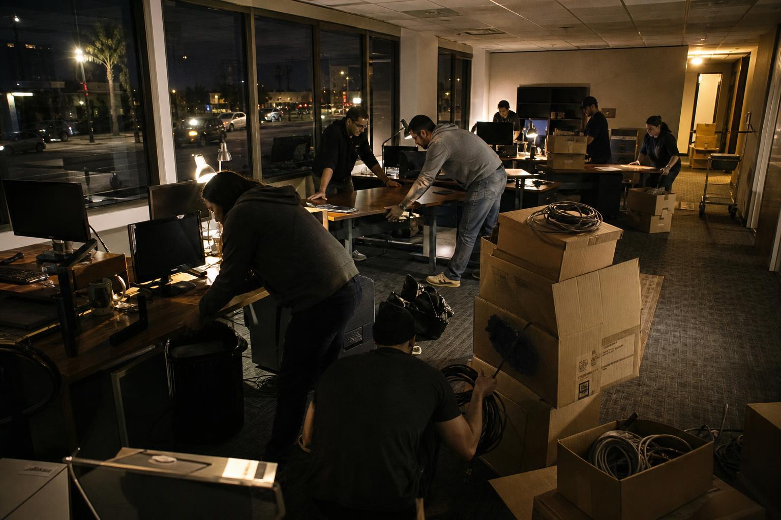 Two IT teams merging offices, pushing desks together amid moving boxes