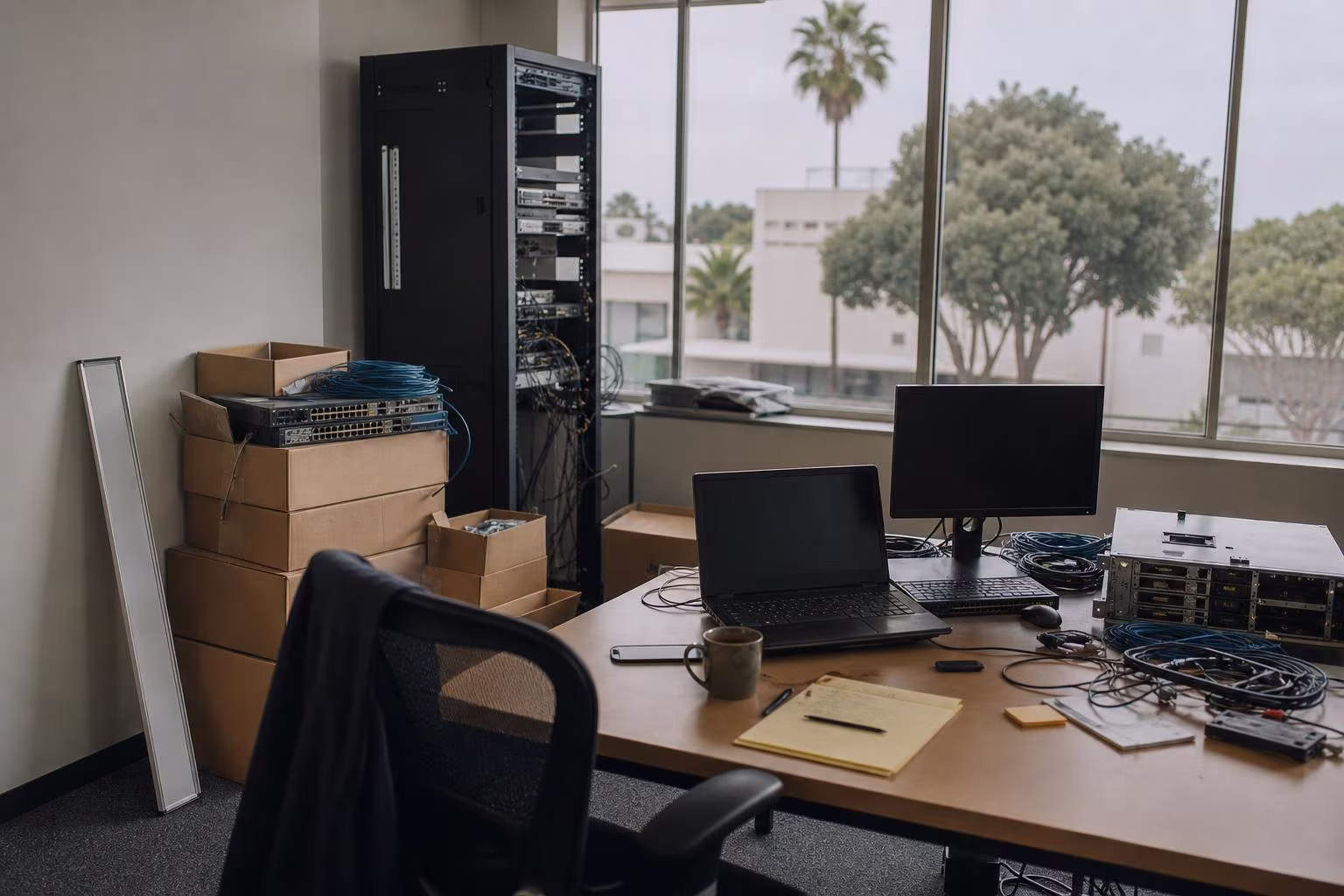 Small IT office mid-merger with moving boxes and a half-empty rack