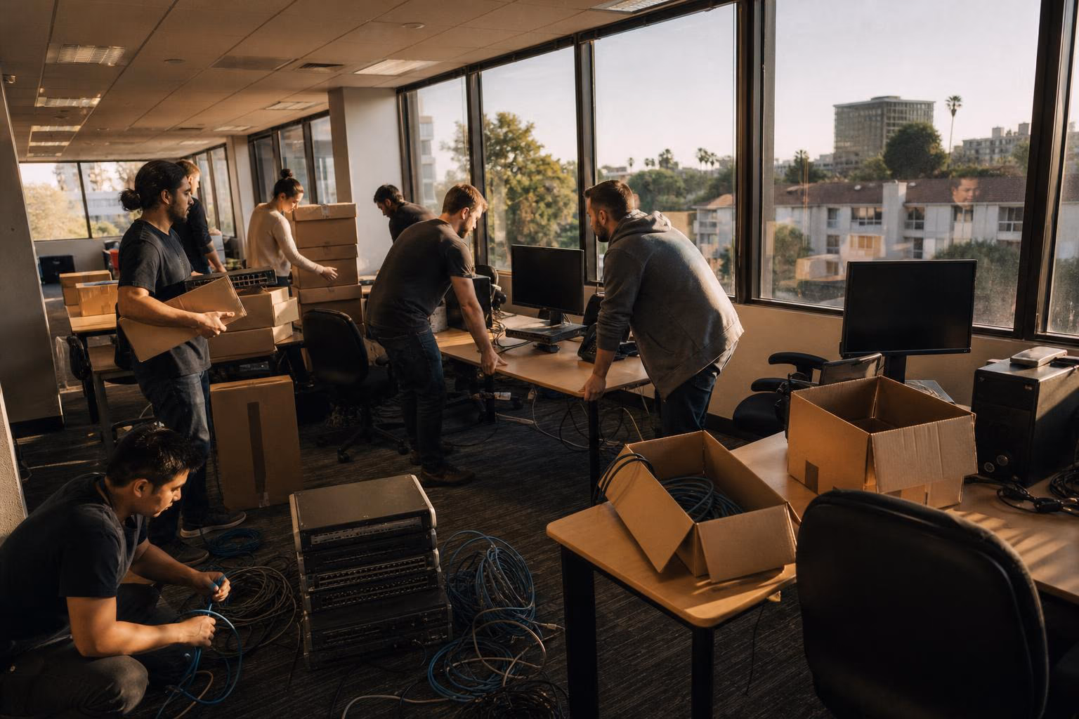 Two IT teams merging offices, pushing desks together amid moving boxes