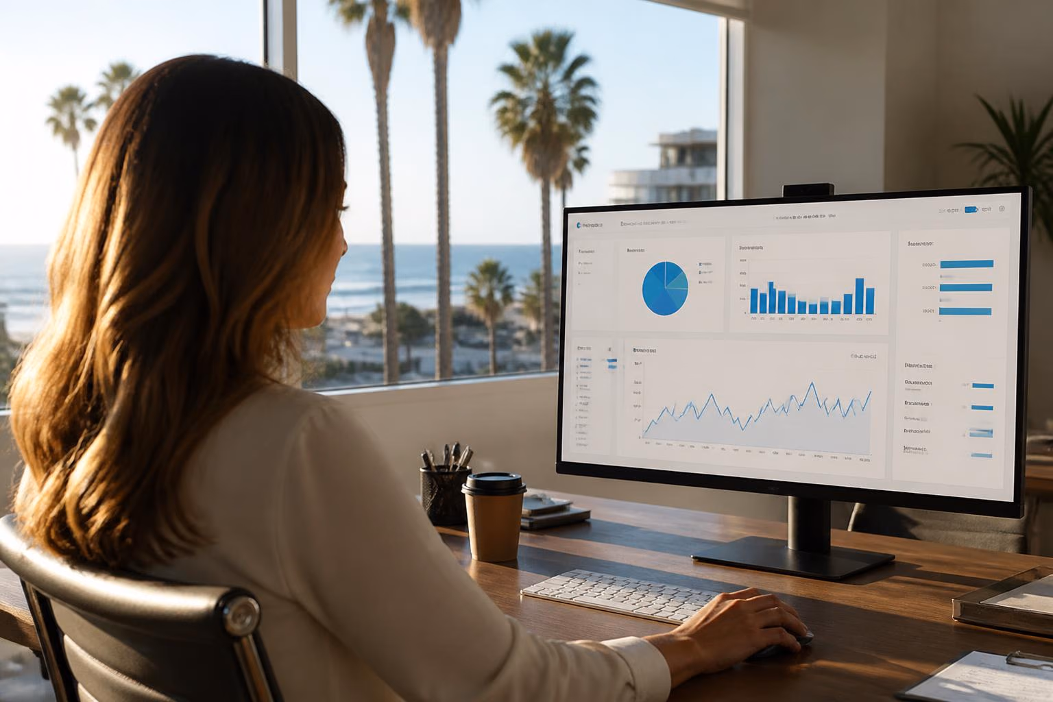 A woman reviewing a cost-analytics dashboard on a large monitor in a Santa Monica office, with palm trees and the ocean visible through the window