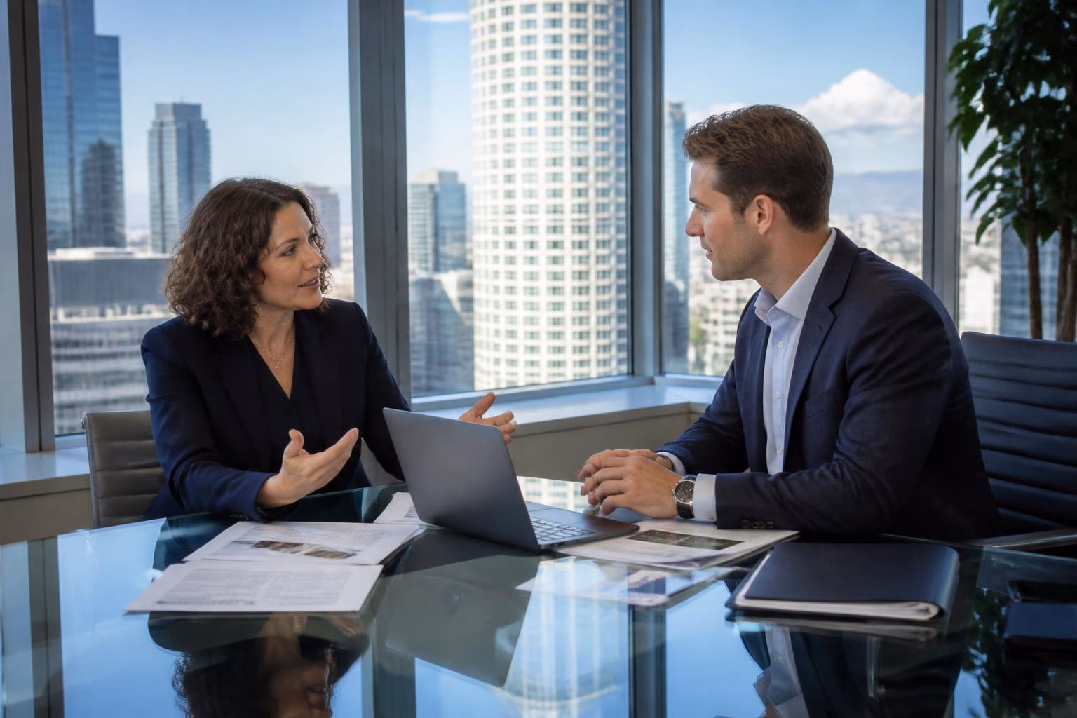 Two business professionals talking across a glass conference table with the downtown Los Angeles skyline visible through floor-to-ceiling windows